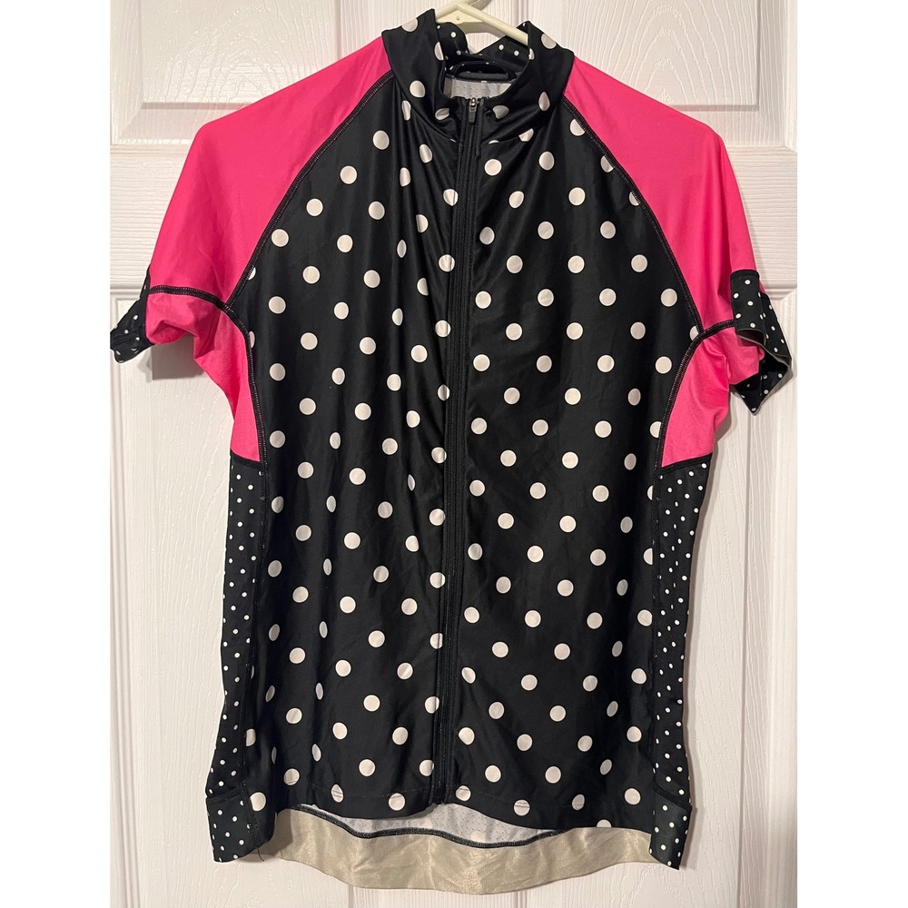 Shebeest Womens Cycling Jersey and Padded Shorts Set Polka Dot Pink Black Large